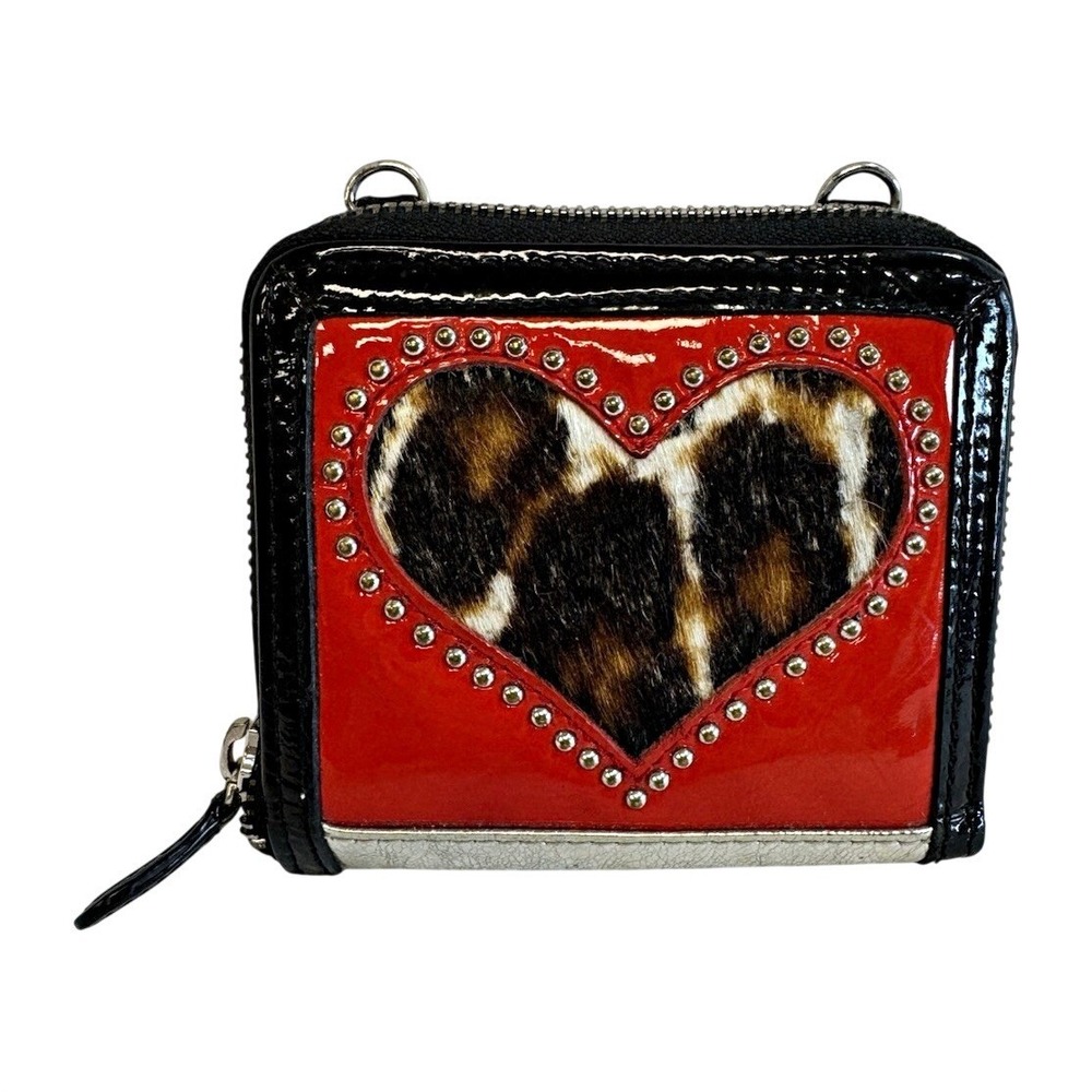 Brighton Red Black Leopard Heart Studded Zip Around Wallet Silver Accents